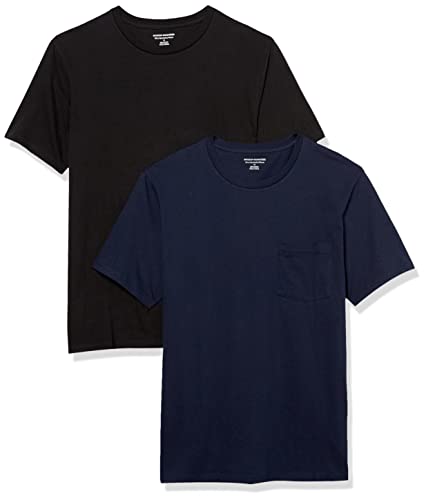 Amazon Essentials Herren T-Shirt mit kurzen Ärmeln, Rundhalsausschnitt und Tasche in schmaler Passform, 2er-Pack, Schwarz/Marineblau, XS von Amazon Essentials