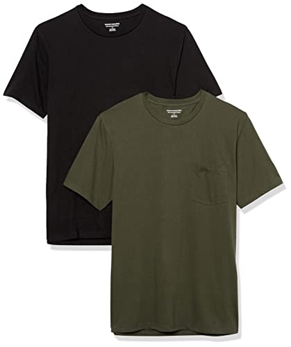 Amazon Essentials Herren Kurzärmeliges T-Shirt mit Rollkragen und Tasche, Schmale Passform, 2er-Pack, Schwarz/Olivgrün, XS von Amazon Essentials