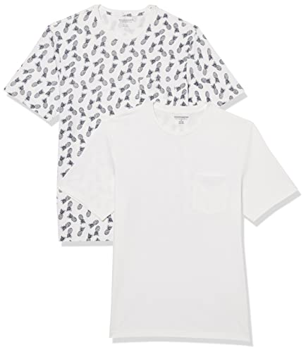 Amazon Essentials Herren Kurzärmeliges T-Shirt mit Rollkragen und Tasche, Schmale Passform, 2er-Pack, Weiß/Ananasaufdruck, L von Amazon Essentials