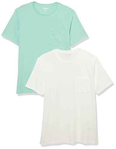 Amazon Essentials Herren Kurzärmeliges T-Shirt mit Rollkragen und Tasche, Schmale Passform, 2er-Pack, Weiß/Aquablau, XL von Amazon Essentials