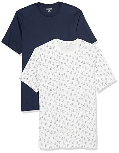 Amazon Essentials Herren Kurzärmeliges T-Shirt mit Rundhalsausschnitt, Schmale Passform, 2er-Pack, Marineblau/Weiß Bootsmuster, S von Amazon Essentials