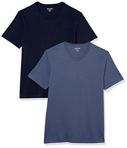 Amazon Essentials Herren Kurzärmeliges T-Shirt mit V-Ausschnitt, Schmale Passform, 2er-Pack, Marineblau/Dunkelblau, XS von Amazon Essentials