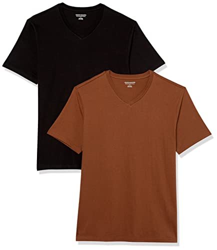 Amazon Essentials Herren Kurzärmeliges T-Shirt mit V-Ausschnitt, Schmale Passform, 2er-Pack, Schwarz/Braun, XS von Amazon Essentials