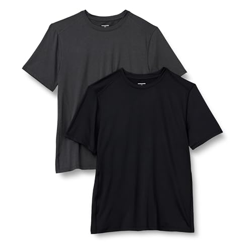 Amazon Essentials Herren Kurzärmeliges Tech-Stretch-T-Shirt, 2er-Pack, Graphit Heide/Schwarz, L von Amazon Essentials