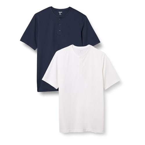 Amazon Essentials Herren Kurzärmliges Henley-Hemd Aus Schnelltrocknendem Jersey, Normale Passform, 2er-Pack, Dunkles Marineblau/Weiß, L von Amazon Essentials