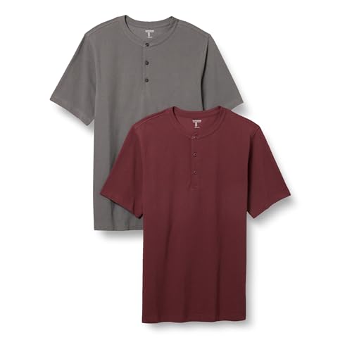 Amazon Essentials Herren Kurzärmliges Henley-Shirt aus Piqué mit normaler Passform (erhältlich in Übergrößen), 2er-Pack, Burgunderrot/Grau, S von Amazon Essentials