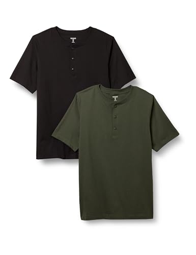 Amazon Essentials Herren Kurzärmliges Jersey-Henleyshirt mit normaler Passform, 2er-Pack, Dunkles Olivgrün/Schwarz, XL von Amazon Essentials