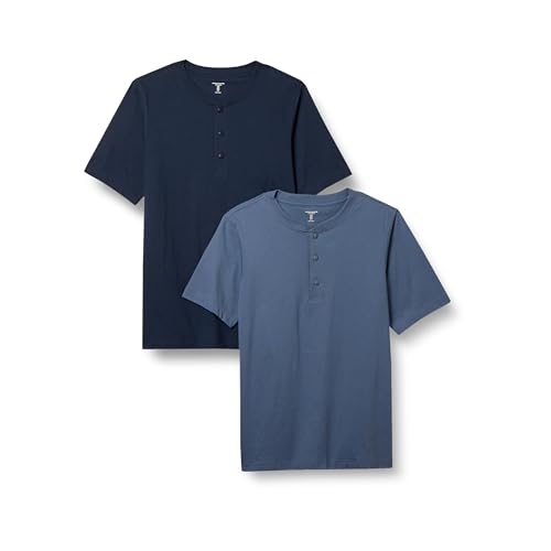Amazon Essentials Herren Kurzärmliges Henley-T-Shirt aus Baumwolle mit schmaler Passform, 2er-Pack, Marineblau/Blau, M von Amazon Essentials