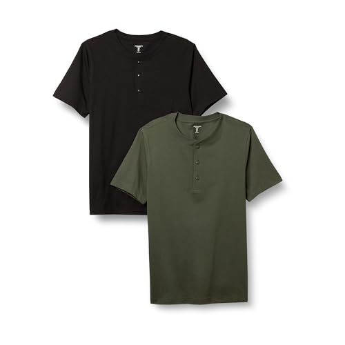 Amazon Essentials Herren Kurzärmliges Jersey-Henleyshirt mit schlanker Passform, 2er-Pack, Olivgrün/Schwarz, L von Amazon Essentials