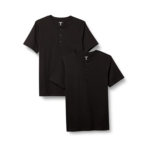 Amazon Essentials Herren Kurzärmliges Jersey-Henleyshirt mit schlanker Passform, 2er-Pack, Schwarz, M von Amazon Essentials