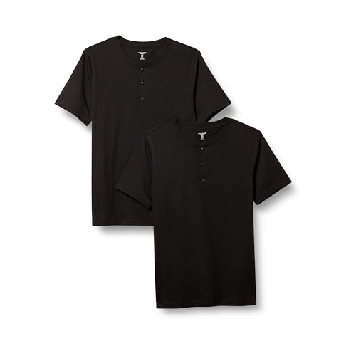 Amazon Essentials Herren Kurzärmliges Jersey-Henleyshirt mit schlanker Passform, 2er-Pack, Schwarz, XL von Amazon Essentials