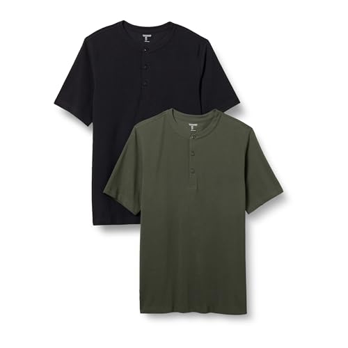 Amazon Essentials Herren Kurzärmliges Henley-Shirt aus Piqué mit normaler Passform (erhältlich in Übergrößen), 2er-Pack, Olivgrün/Schwarz, XL von Amazon Essentials