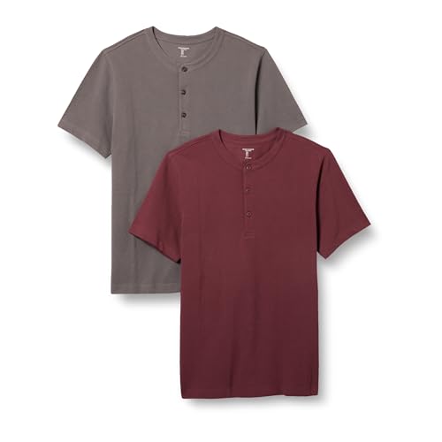 Amazon Essentials Herren Kurzärmliges Henley-Shirt aus Piqué mit schlanker Passform, 2er-Pack, Burgunderrot/Grau, L von Amazon Essentials