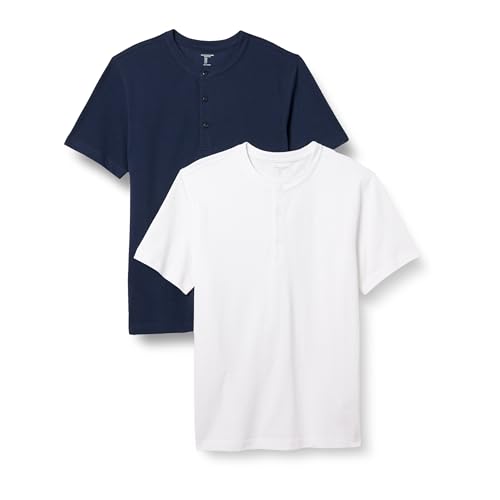 Amazon Essentials Herren Kurzärmliges Henley-Shirt aus Piqué mit schlanker Passform, 2er-Pack, Marineblau/Weiß, XL von Amazon Essentials