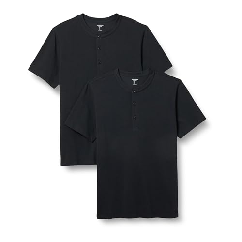 Amazon Essentials Herren Kurzärmliges Henley-Shirt aus Piqué mit schlanker Passform, 2er-Pack, Schwarz, L von Amazon Essentials