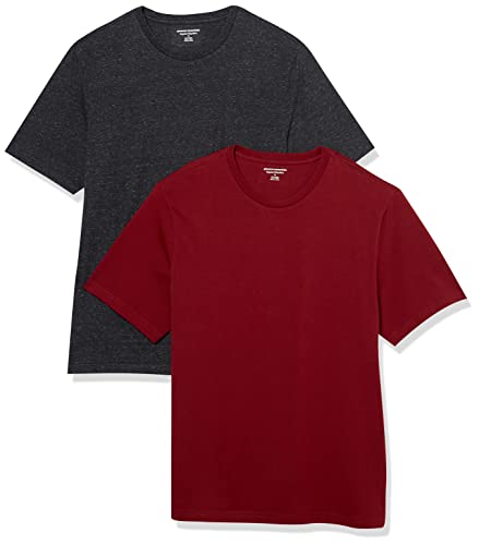 Amazon Essentials Herren Kurzärmeliges T-Shirt mit Rundhalsausschnitt aus Baumwolle – Regular Fit, 2er-Pack, Burgunderrot/Dunkelgrau Meliert, XS von Amazon Essentials