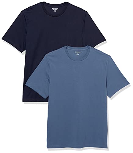 Amazon Essentials Herren Kurzärmeliges T-Shirt mit Rundhalsausschnitt aus Baumwolle – Regular Fit, 2er-Pack, Dunkelblau/Marineblau, L von Amazon Essentials