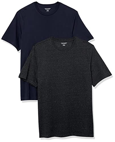 Amazon Essentials Herren Kurzärmeliges T-Shirt mit Rundhalsausschnitt aus Baumwolle – Regular Fit, 2er-Pack, Dunkelgrau Meliert/Marineblau, L von Amazon Essentials
