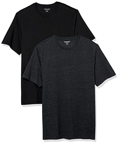 Amazon Essentials Herren Kurzärmeliges T-Shirt mit Rundhalsausschnitt aus Baumwolle – Regular Fit, 2er-Pack, Dunkelgrau Meliert/Schwarz, L von Amazon Essentials