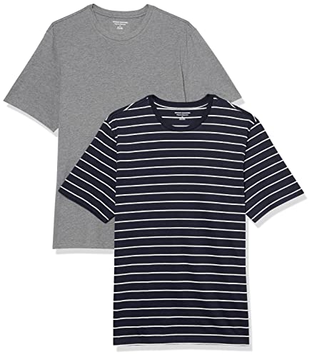 Amazon Essentials Herren Kurzärmeliges T-Shirt mit Rundhalsausschnitt aus Baumwolle – Regular Fit, 2er-Pack, Grau Meliert/Marineblau Streifen, XXL von Amazon Essentials