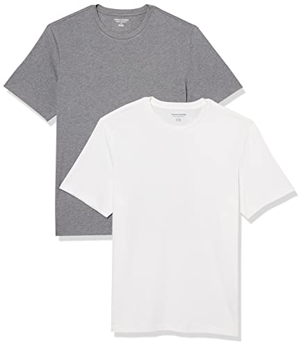 Amazon Essentials Herren Kurzärmeliges T-Shirt mit Rundhalsausschnitt aus Baumwolle – Regular Fit, 2er-Pack, Grau Meliert/Weiß, L von Amazon Essentials