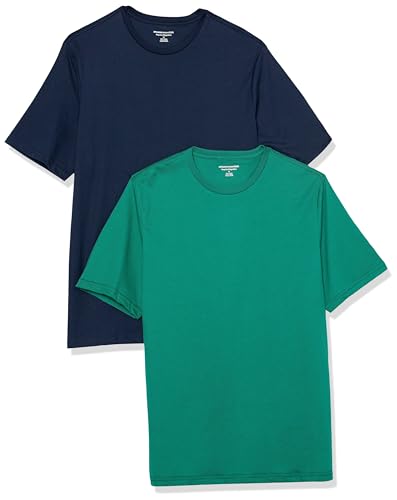 Amazon Essentials Herren Kurzärmeliges T-Shirt mit Rundhalsausschnitt aus Baumwolle – Regular Fit, 2er-Pack, Grün/Marineblau, XXL von Amazon Essentials