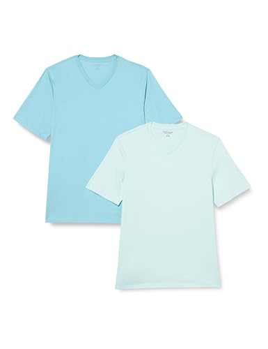 Amazon Essentials Herren Kurzärmliges T-Shirt mit V-Ausschnitt in normaler Passform (in Übergrößen erhältlich), 2er-Pack, Aquablau/Hellblau, M von Amazon Essentials