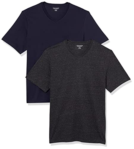 Amazon Essentials Herren Kurzärmelige T-Shirts mit V-Ausschnitt, 2er-Pack, Dunkelgrau Meliert/Marineblau, XXL von Amazon Essentials