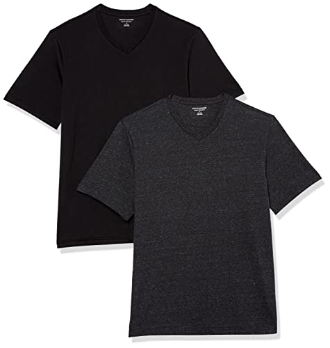 Amazon Essentials Herren Kurzärmliges T-Shirt mit V-Ausschnitt in normaler Passform (in Übergrößen erhältlich), 2er-Pack, Dunkelgrau Meliert/Schwarz, XXL von Amazon Essentials