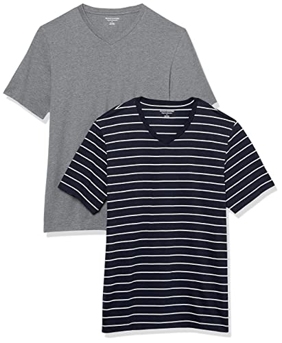 Amazon Essentials Herren Kurzärmliges T-Shirt mit V-Ausschnitt in normaler Passform (in Übergrößen erhältlich), 2er-Pack, Grau Meliert/Marineblau Streifen, XXL von Amazon Essentials