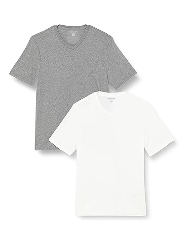 Amazon Essentials Herren Kurzärmelige T-Shirts mit V-Ausschnitt, 2er-Pack, Grau Meliert/Weiß, L von Amazon Essentials