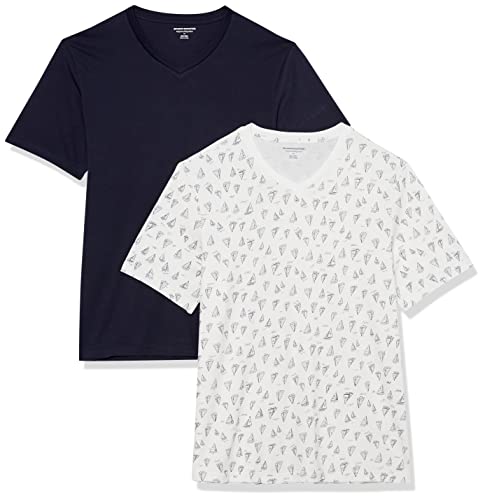 Amazon Essentials Herren Kurzärmliges T-Shirt mit V-Ausschnitt in normaler Passform (in Übergrößen erhältlich), 2er-Pack, Marineblau/Bootsmuster, L von Amazon Essentials