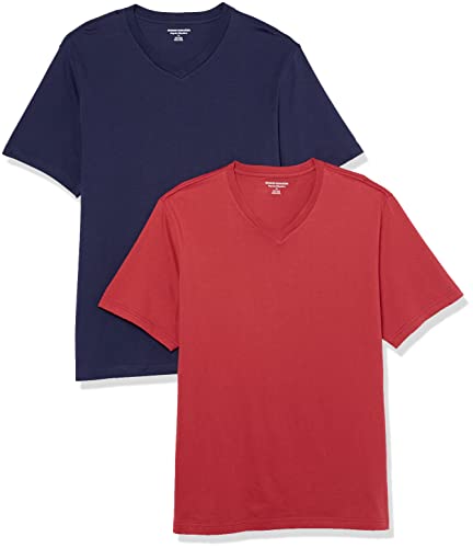 Amazon Essentials Herren Kurzärmelige T-Shirts mit V-Ausschnitt, 2er-Pack, Marineblau/Dunkelrot, L von Amazon Essentials