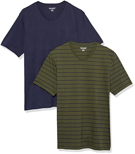 Amazon Essentials Herren Kurzärmliges T-Shirt mit V-Ausschnitt in normaler Passform (in Übergrößen erhältlich), 2er-Pack, Marineblau/Olivgrün/Streifen, XS von Amazon Essentials