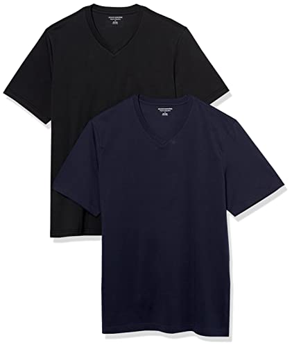 Amazon Essentials Herren Kurzärmliges T-Shirt mit V-Ausschnitt in normaler Passform (in Übergrößen erhältlich), 2er-Pack, Schwarz/Marineblau, M von Amazon Essentials