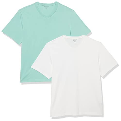Amazon Essentials Herren Kurzärmliges T-Shirt mit V-Ausschnitt in normaler Passform (in Übergrößen erhältlich), 2er-Pack, Weiß/Aquablau, XXL von Amazon Essentials
