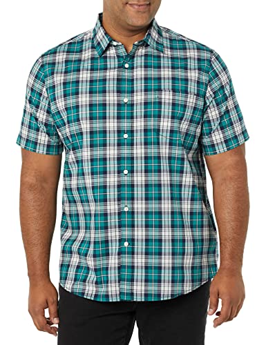 Amazon Essentials Herren Kurzarm-Hemd aus Stretch-Popeline (in Übergrößen erhältlich), Grünblau Weiß Karomuster, XS von Amazon Essentials
