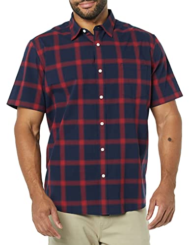 Amazon Essentials Herren Kurzarm-Hemd aus Stretch-Popeline (in Übergrößen erhältlich), Marineblau Rot Buffalokaros, XXL von Amazon Essentials