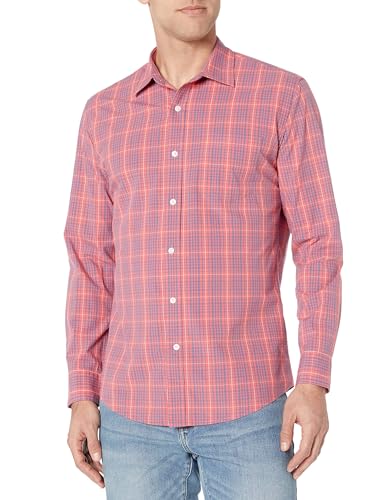Amazon Essentials Herren Lässiges langärmeliges Popeline-Hemd Normale Passform, Blau Verwaschenes Rot Karomuster, L von Amazon Essentials