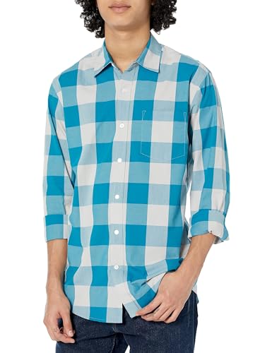 Amazon Essentials Herren Lässiges langärmeliges Popeline-Hemd Normale Passform, Blau Weiß Buffalokaros, XL von Amazon Essentials