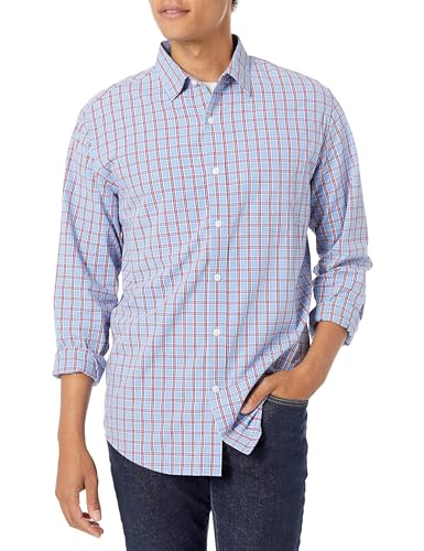 Amazon Essentials Herren Lässiges langärmeliges Popeline-Hemd Normale Passform, Hellblau Rot Karomuster, XXL von Amazon Essentials