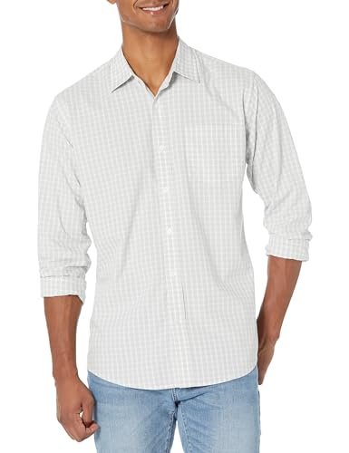Amazon Essentials Herren Lässiges langärmeliges Popeline-Hemd Normale Passform, Hellgrau Weiß Kariert, XL von Amazon Essentials