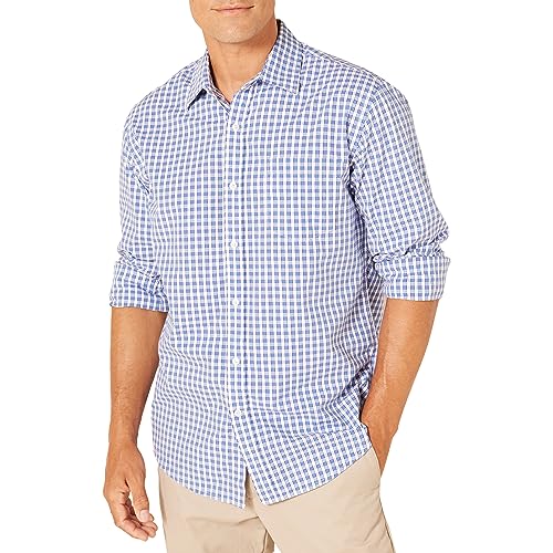 Amazon Essentials Herren Lässiges langärmeliges Popeline-Hemd normale Passform, Blau Checks, L von Amazon Essentials
