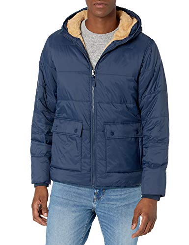 Amazon Essentials Herren Langärmelige, Wasserabweisende Pufferjacke mit Sherpa-Futter, Marineblau, L von Amazon Essentials