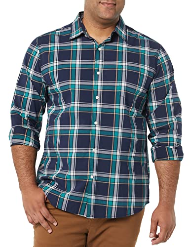 Amazon Essentials Herren Langärmeliges Hemd Aus Stretch-Popeline Mit Normaler Passform, Dunkelgrün Marineblau Mittlere Karo, XXL von Amazon Essentials