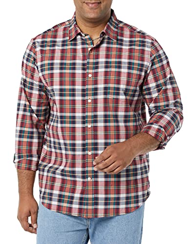 Amazon Essentials Herren Langärmeliges Hemd Aus Stretch-Popeline Mit Normaler Passform, Rot Weiß Karomuster, XL von Amazon Essentials
