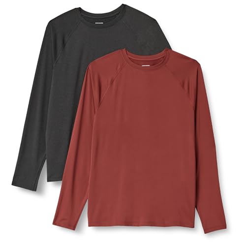 Amazon Essentials Herren Langärmeliges T-Shirt aus Tech-Stretch, 2er-Pack, Graphit Heide/Henna, XL von Amazon Essentials