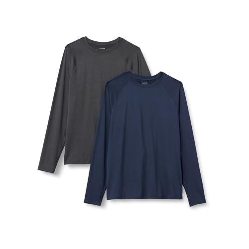 Amazon Essentials Herren Langärmeliges T-Shirt aus Tech-Stretch, 2er-Pack, Graphit Heide/Marineblau, XL von Amazon Essentials