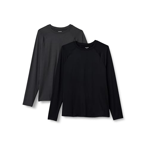 Amazon Essentials Herren Langärmeliges T-Shirt aus Tech-Stretch, 2er-Pack, Graphit Heide/Schwarz, XXL von Amazon Essentials