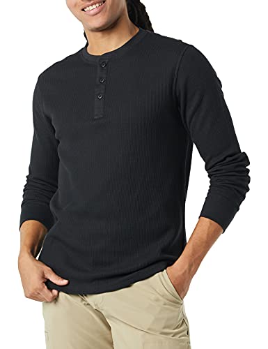 Amazon Essentials Herren Langärmeliges Waffel-Henley, Normale Passform, Schwarz, L von Amazon Essentials